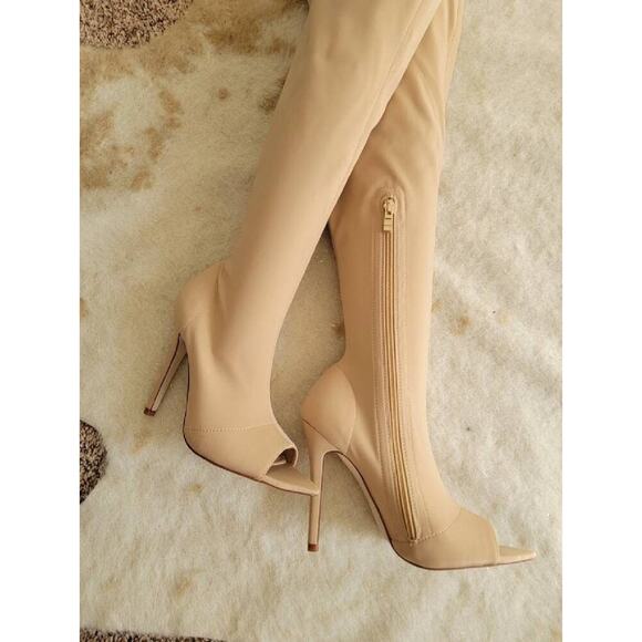 NEW Azelea Wang women's tan open pull up style open toe thigh-high boots sz 6.5 - Picture 1 of 5